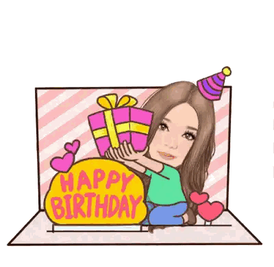a cartoon of a woman holding a gift and a sign that says happy birthday