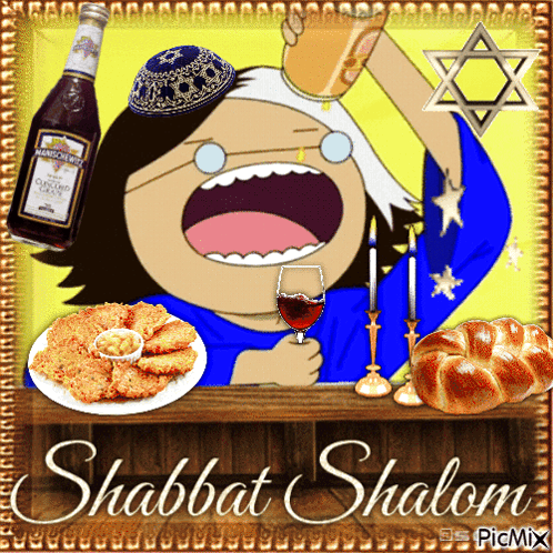 A Cartoon Of A Woman Holding A Glass Of Wine With The Words Shabbat Shalom GIF