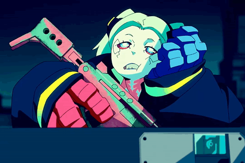 A Cartoon Of A Woman Holding A Gun With A Skull On The Bottom Right GIF