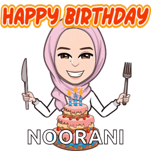 A Cartoon Of A Woman Holding A Knife And Fork In Front Of A Birthday Cake That Says Happy Birthday Noorani GIF
