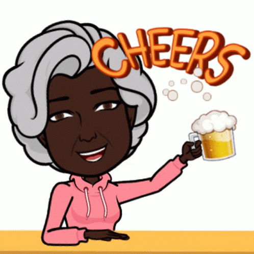A Cartoon Of A Woman Holding A Mug Of Beer With The Words Cheers Above Her GIF