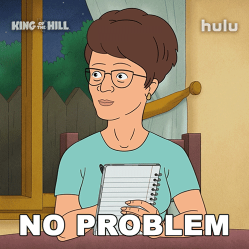 A Cartoon Of A Woman Holding A Notebook With The Words " No Problem " Below Her GIF