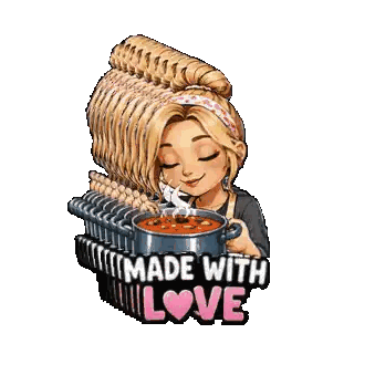 a cartoon of a woman holding a pot of soup with the words made with love on the bottom
