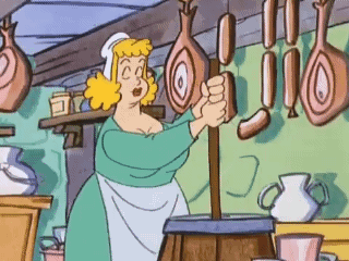 A Cartoon Of A Woman Holding A Sausage In A Kitchen GIF