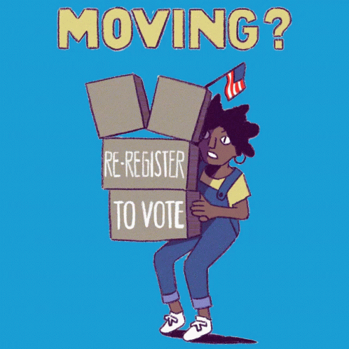 A Cartoon Of A Woman Holding A Sign That Says Re-Register To Vote GIF