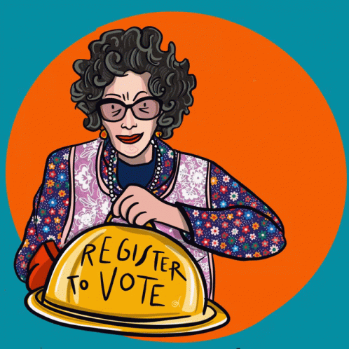 A Cartoon Of A Woman Holding A Sign That Says " Register To Vote " GIF