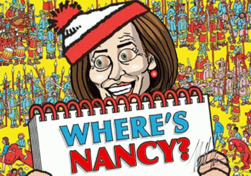 A Cartoon Of A Woman Holding A Sign That Says Where 'S Nancy . GIF