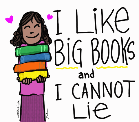 A Cartoon Of A Woman Holding A Stack Of Books With The Words I Like Big Books And I Cannot Lie GIF