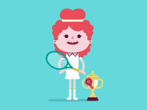 A Cartoon Of A Woman Holding A Tennis Racket And A Trophy GIF