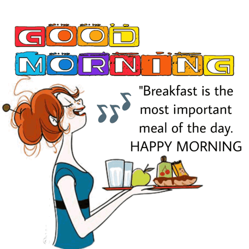 A Cartoon Of A Woman Holding A Tray Of Food And The Words " Breakfast Is The Most Important Meal Of The Day " GIF