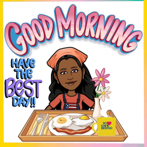 A Cartoon Of A Woman Holding A Tray Of Food With The Words Good Morning Have The Best Day Below Her GIF