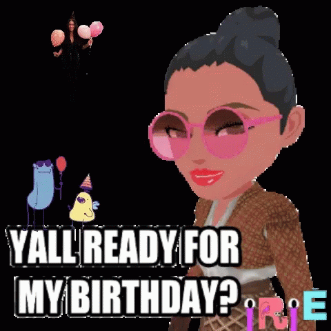 A Cartoon Of A Woman Holding Balloons With The Words Yall Ready For My Birthday GIF