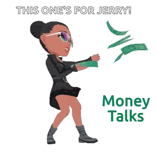 A Cartoon Of A Woman Holding Money With The Words Money Talks Below Her GIF