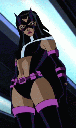 A Cartoon Of A Woman In A Black And Purple Superhero Costume GIF