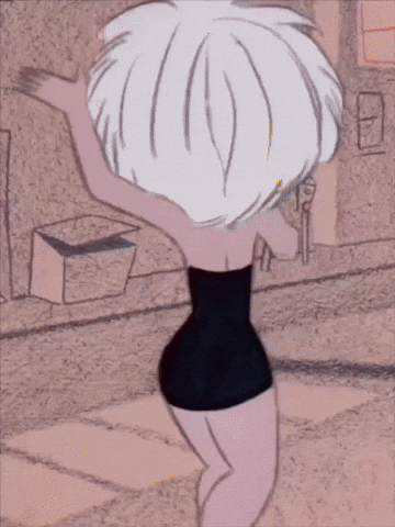 a cartoon of a woman in a black dress with white hair