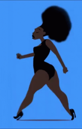 A Cartoon Of A Woman In A Black Swimsuit Walking On A Blue Background GIF