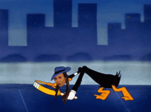 A Cartoon Of A Woman In A Blue Hat Standing Next To A Duck GIF