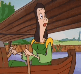 A Cartoon Of A Woman In A Green Dress Rowing A Boat GIF