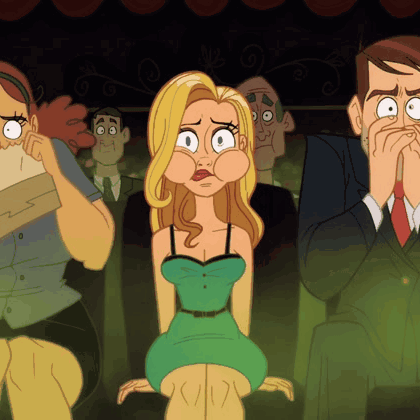 A Cartoon Of A Woman In A Green Dress Sitting In A Theater GIF