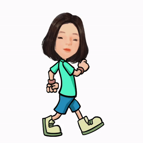 A Cartoon Of A Woman In A Green Shirt And Blue Shorts Walking . GIF