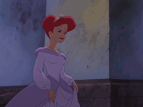 A Cartoon Of A Woman In A Purple Dress Sitting In The Water GIF