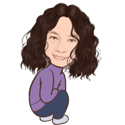 a cartoon of a woman in a purple sweater squatting down