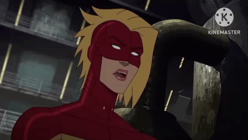A Cartoon Of A Woman In A Red And Yellow Superhero Costume With The Words Kinemaster Below Her GIF
