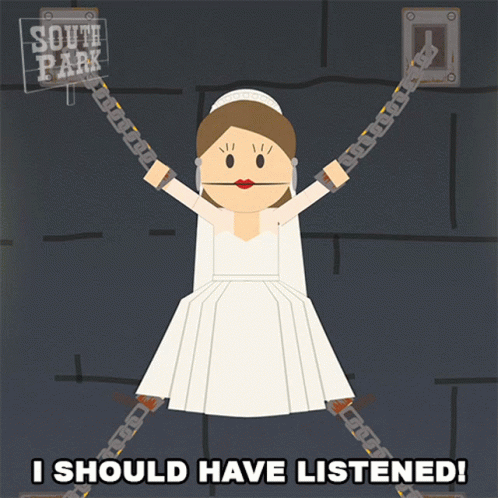A Cartoon Of A Woman In A Wedding Dress Chained To A Wall With The Words " I Should Have Listened " Below Her GIF
