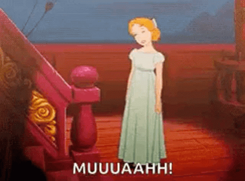 A Cartoon Of A Woman In A White Dress Standing Next To Stairs With The Words Muuuaah ! GIF