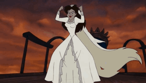 A Cartoon Of A Woman In A White Dress Standing On A Bridge GIF