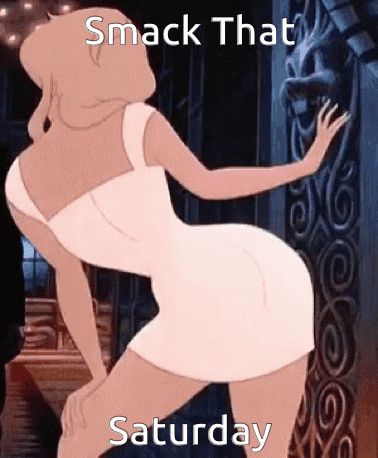 A Cartoon Of A Woman In A White Dress With The Words Smack That Saturday On The Bottom GIF