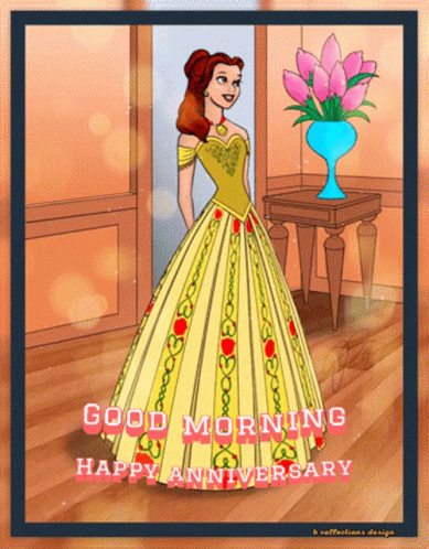 a cartoon of a woman in a yellow dress with the words good morning happy anniversary