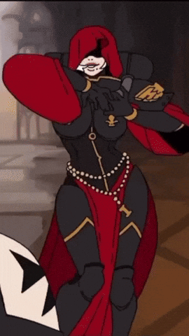 A Cartoon Of A Woman In Armor With A Red Cape And A Necklace With The Letter H On It GIF