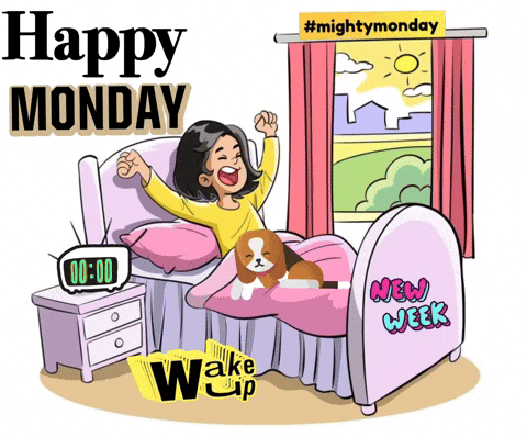 A Cartoon Of A Woman In Bed With A Dog And The Words Happy Monday GIF
