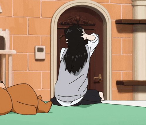 A Cartoon Of A Woman Kneeling Down In Front Of A Door GIF