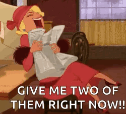 A Cartoon Of A Woman Laughing While Holding A Newspaper And Saying `` Give Me Two Of Them Right Now ! '' GIF