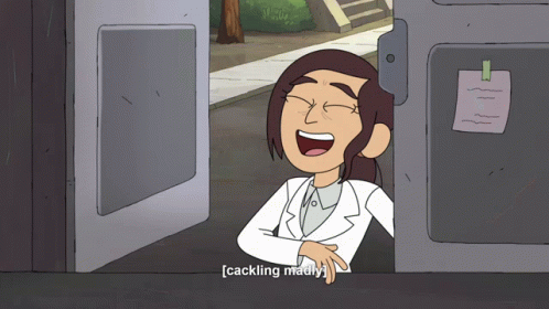 A Cartoon Of A Woman Laughing With The Words " Cackling Madly " Next To Her GIF