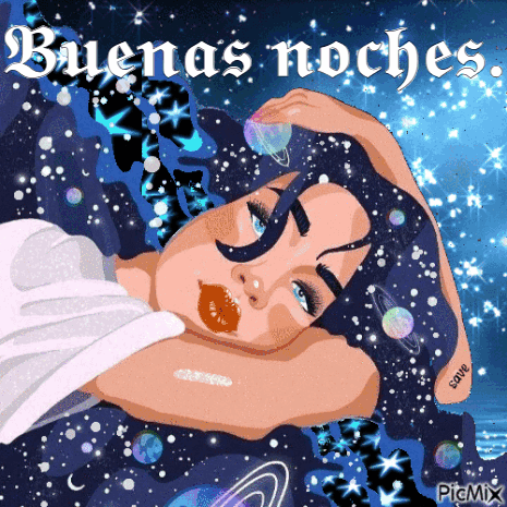 A Cartoon Of A Woman Laying Down With The Words " Buenas Noches " Written Above Her GIF