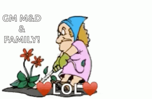 A Cartoon Of A Woman Laying In A Garden With The Words Gm M & D & Family Below GIF