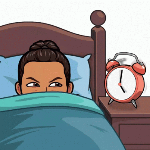 A Cartoon Of A Woman Laying In Bed Next To A Red Alarm Clock That Reads 1:11 GIF