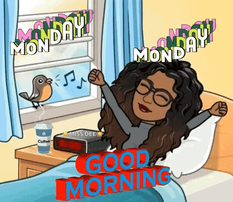 A Cartoon Of A Woman Laying In Bed With A Cup Of Coffee And A Clock That Says Good Morning GIF