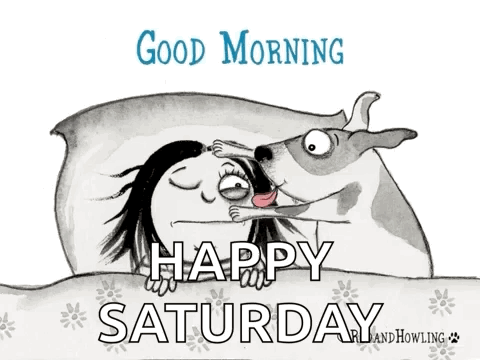 A Cartoon Of A Woman Laying In Bed With A Dog And The Words " Good Morning Happy Saturday " GIF