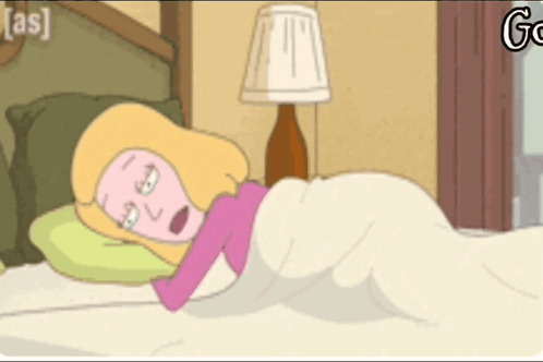A Cartoon Of A Woman Laying In Bed With A Lamp And The Words [ As ] On The Bottom GIF