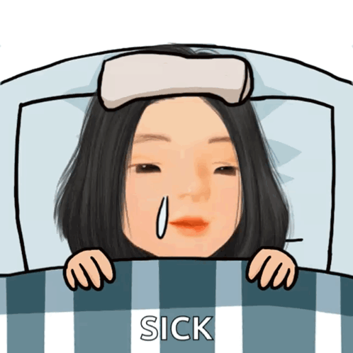 A Cartoon Of A Woman Laying In Bed With A Towel On Her Head And The Words Sick Below Her GIF
