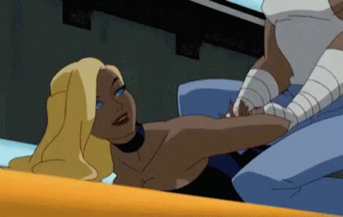A Cartoon Of A Woman Laying On A Bed With A Bandaged Arm GIF