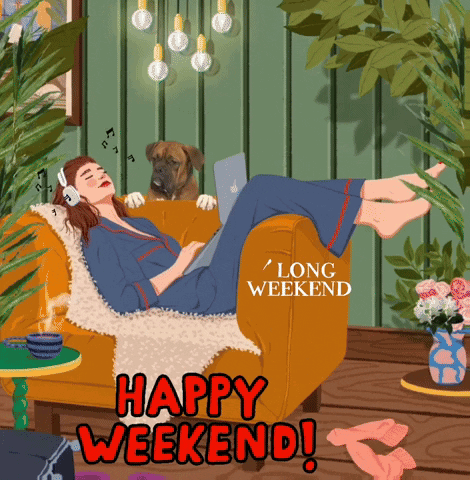 A Cartoon Of A Woman Laying On A Couch With A Dog And The Words Happy Weekend GIF