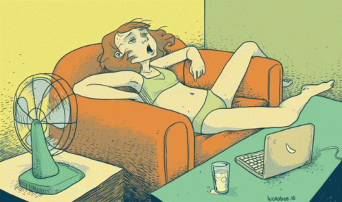 A Cartoon Of A Woman Laying On A Couch With A Fan And A Laptop By Lucasbee GIF