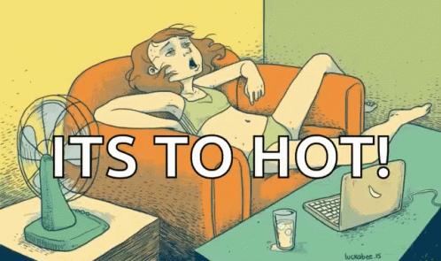 A Cartoon Of A Woman Laying On A Couch With The Words " It 'S To Hot " GIF