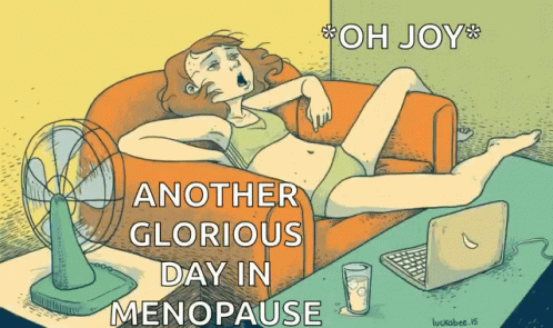 A Cartoon Of A Woman Laying On A Couch With The Words Oh Joy Another Glorious Day In Menopause GIF