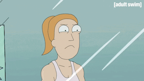 A Cartoon Of A Woman Lifting Weights In Front Of A Mirror With The Words Adult Swim Below Her GIF